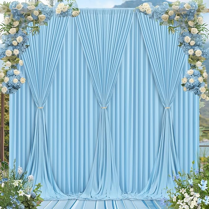 Blue Backdrop Curtains 8 Panels - Wrinkle-Free Light Blue Curtains Polyester Photography Drapes Photo Background for Baby Shower Birthday Party Decorations- 32 X10FT (Blue)