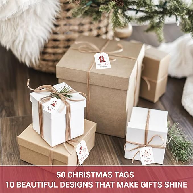 AUDREE 50 Pcs Christmas Gift Tags with String - Elegant Red & White Holiday Tags - Christmas Name Tags for Gifts - Hanging Labels Decoration Xmas Winter Holiday Present DIY Crafts