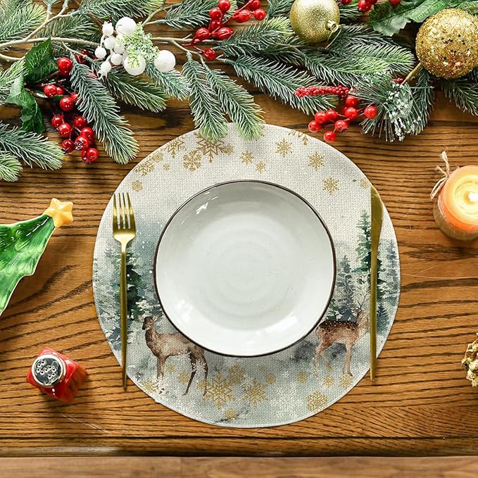 Artoid Mode Watercolor Deer Trees Snowflakes Christmas Round Placemats Set of 6, 14 Inch Winter Round Table Mats for Dining Decoration