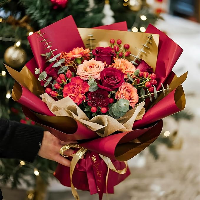 LeZakaa 20 Sheets Christmas Flower Wrapping Paper, Wine Red and Gold Design Waterproof Reversible Floral Bouquet Paper, for Valentines, Mothers Day, Party, Birthday, Wedding, Baby Shower