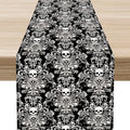 Gothic Table Runner, Black Damask Skull Boho Vintage Art Print Linen Table Center Decor Family Kitchen Outdoor Farmhouse Holiday Party Table Decorations 13x36 inch