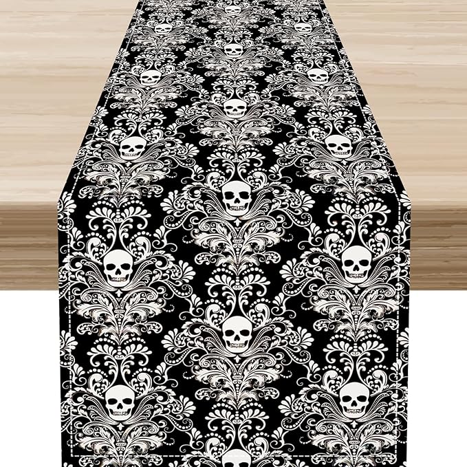 Gothic Table Runner, Black Damask Skull Boho Vintage Art Print Linen Table Center Decor Family Kitchen Outdoor Farmhouse Holiday Party Table Decorations 13x36 inch