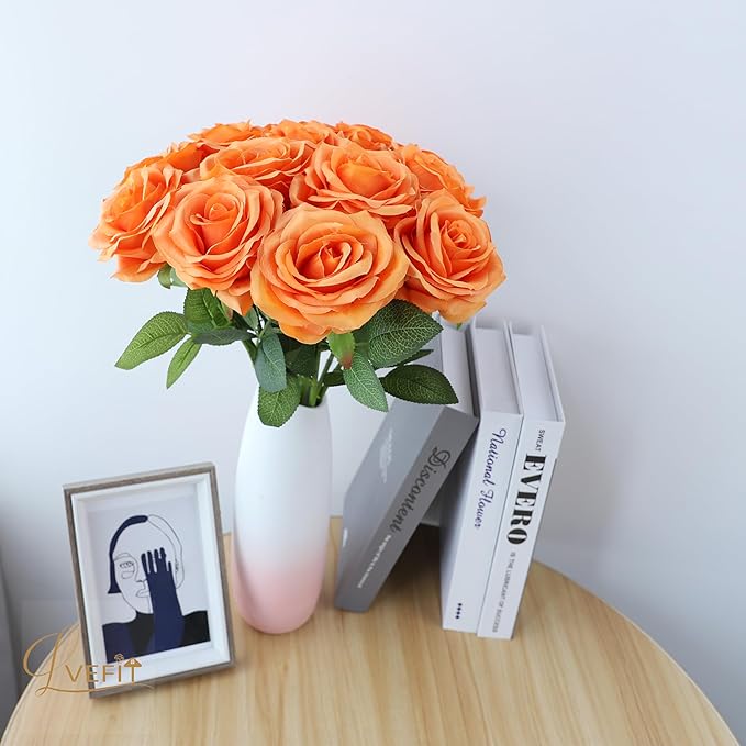 12pcs Artificial Rose Flower Orange Rose Orange Flower with Long Stem Silk Roses Bouquet for Wedding Bridal Shower Party Home Decoration