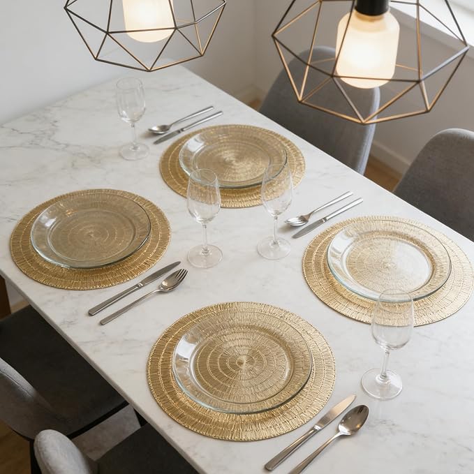 Gold Placemats Set of 6-15 Inch Round PVC Table Mats, Heat-Resistant & Waterproof Washable Place Mats for Dining Table, Elegant Metallic Decor for Holiday Dinner Party Decorations