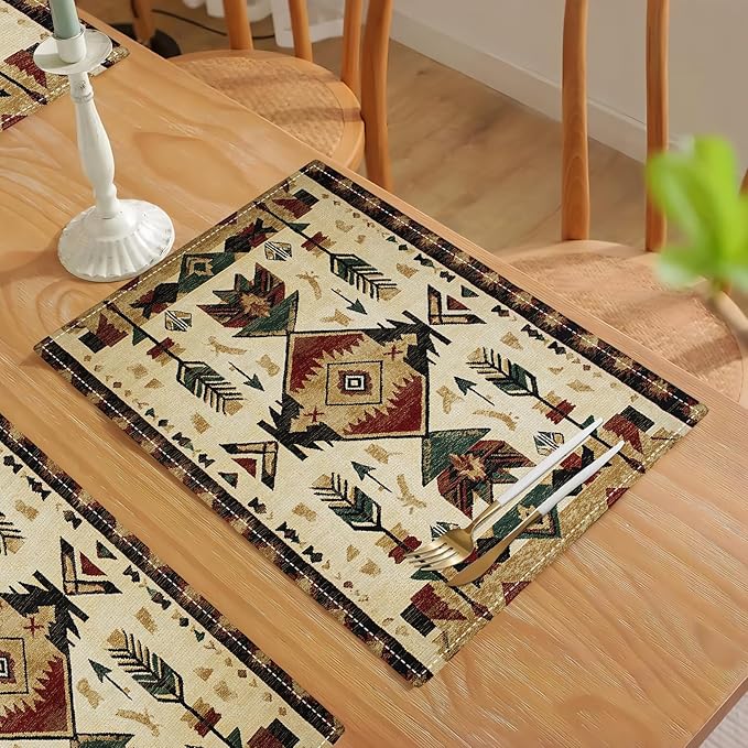 Southwestern Placemats Set of 6, Farmhouse Boho Ethnic Place Mats, Rustic Turkish Dining Table Mats, Washable Placemats for Kitchen Dining Room Home Decor 18L'' × 12W''