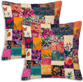 Printed Faux Patchwork Throw Pillow Covers 18x18 Set of 2 | Rustic Kantha Cushion Cases with Hidden Zipper | Floral Decorative Pillowcases for Couch, Sofa, Living Room and Bedroom