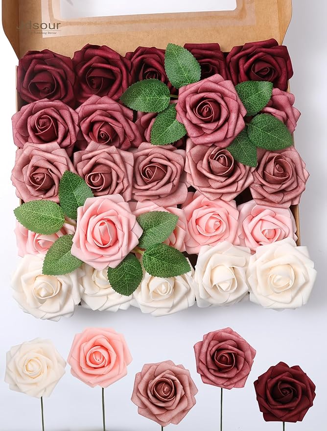 25pcs Artificial Flower，Real Looking Foam Roses w/Stem for DIY Wedding Bouquets Centerpieces Bridal Shower Party Decor-Shades of Burgundy