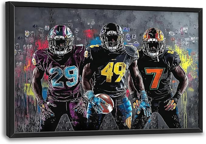 Large Football Wall Art for Living Room, Framed Oversized Graffiti Sport Wall Decor Cool Canvas Painting Pictures for Men Modern Artwork for Living Room Bathroom Bedroom Office Dining Room 36"x24"