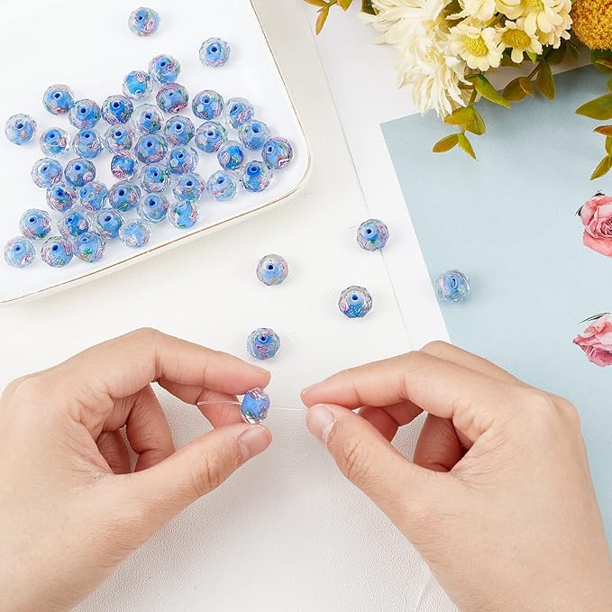 PH PandaHall 45pcs 12mm Gold Sand Lampwork Beads Glass Handmade Round Loose Beads with Hole for Rosary Making Jewelry Craft Making - Cornflower Blue