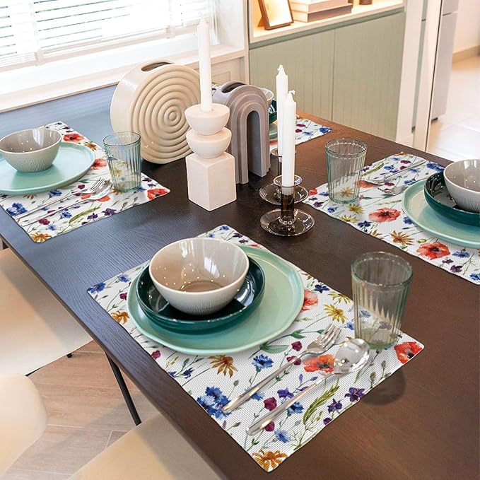 Placemats 4 pcs Watercolor Flower Double-Layer Imitation Linen Place Mats Non-Slip Heat-Resistant Tablemats for Home Restaurant Hotel 18×12 Inch