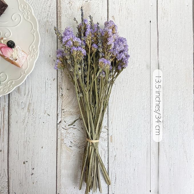 L'BREVOGA Dried Lavender & Statice Flower Bouquets, 100% Natural Dried Flowers for Decoration Home Party - Light Purple, 13.5 in