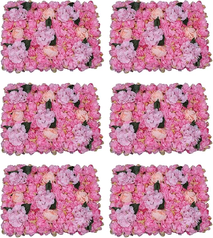 Gdrasuya10 6 Pcs Artificial Flower Wall Panels 3D Flower Background Panel for Wall, 60x40cm Wedding Flower Decorations Wall Silk Rose Panels for Party, Nail, Photo Areas, Stage Background (Pink)