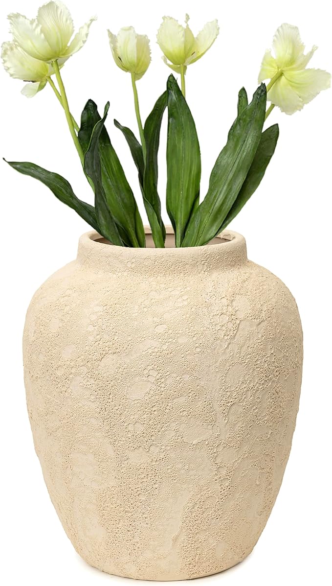 Handcrafted Moon Jar Ceramic Vase - Textured Beige Spherical Pottery - Minimalist Wabi-Sabi Home Decor - Natural Finish Round Vase [11.8" W x 12.6" H]