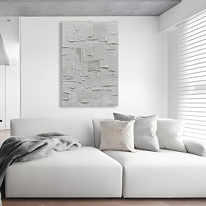 Hand-Painted White and Grey Abstract Wall Decoration Oil Painting Thick Texture Minimalist Art 45x30 inches