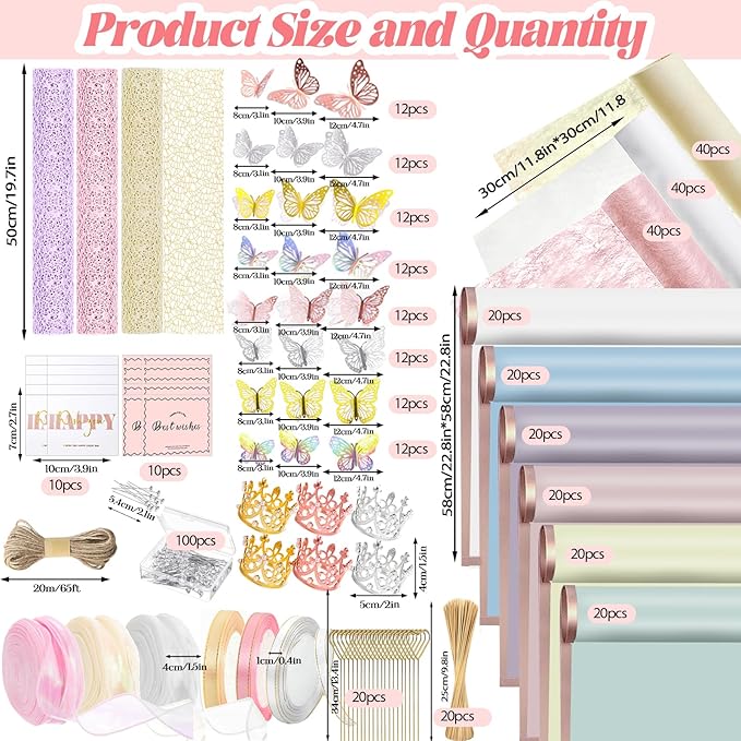 512Pcs Flower Wrapping Paper Kit with 120 Sheets Waterproof Floral Wrapping Paper 3D Butterfly Decor Crowns,Bouquet Pins Ribbons,DIY Crafts for Mother's Day Valentines Graduation Birthday Gift