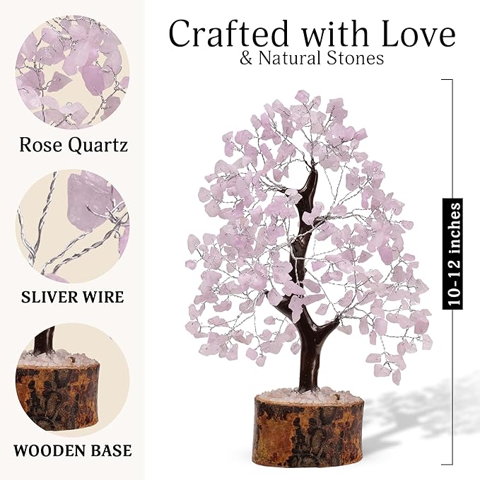 FASHIONZAADI Rose Quartz Crystal Tree of Life for Women Office Decor, Good Luck, Money, Meditation, Positivity, Handmade Healing Crystal Stones Bonsai Tree Spiritual Birthday Gifts for Women
