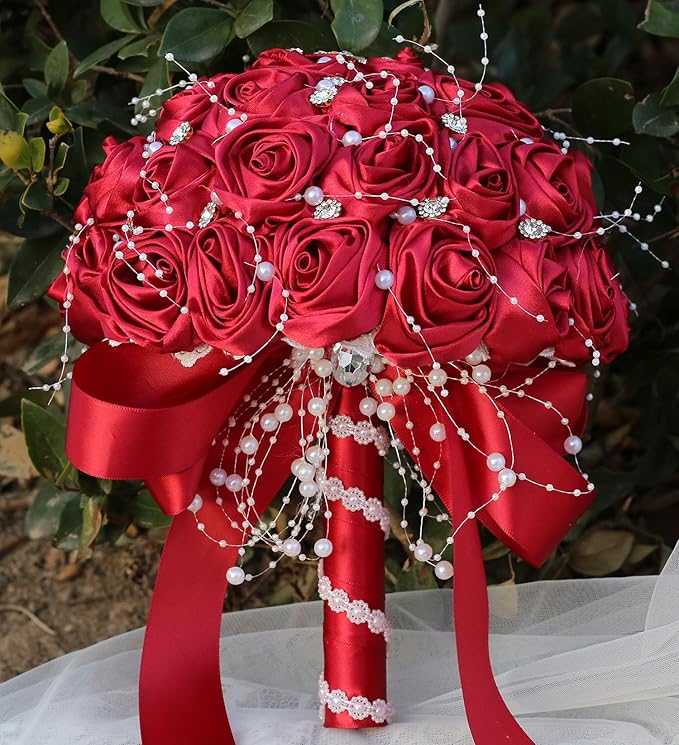 Bridal Wedding Bouquet Round Bling Brooch Bouquet Throw Toss Artificial Rose Flower Bunch for Bride Bridesmaid Wedding Quinceanera(Ruby Red, 9.8")