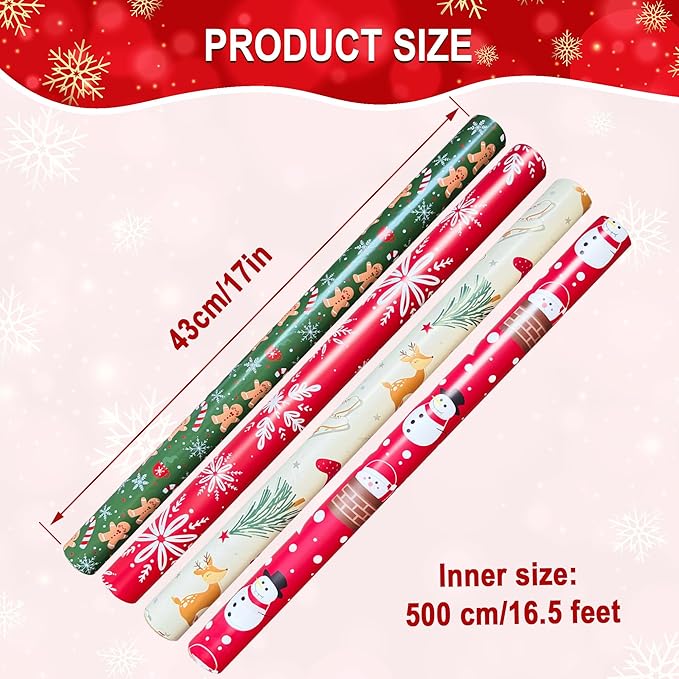 Christmas Wrapping Paper Set of 4 Rolls (93 sq. ft. ttl) With Colorful Holiday Patterns Santa Claus, Reindeer, Christmas Tree, Snowman, snowflakes for Gifts - 17 inches x 16.5 feet Per Roll