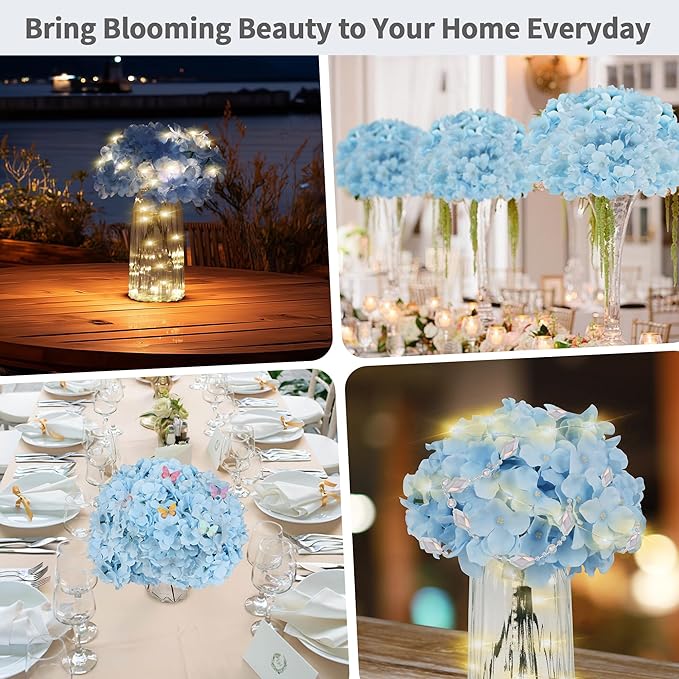 64PCS Artificial Hydrangea Flowers with Stems, Silk Flower Heads with 15 Butterfly, Crystal Strings and LED Lights for Wedding Arch, Centerpiece, Home, Garden Party Décor (64, Blue)