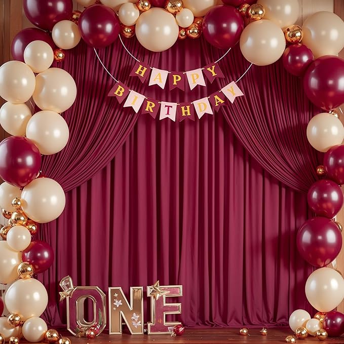 Burgundy Backdrop Curtain 10 Panels-Wrinkle-Free Burgundy Curtains Polyester Photography Drapes for Baby Shower Birthday Party Photo Background Backdrop Stand- 40 X10FT