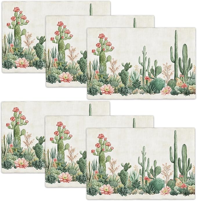 Cute Cactus Placemats Set of 6, Western Succulent Place Mats, Rustic Summer Plant Dining Table Mats, Washable Placemats for Kitchen Dining Room 18L'' × 12W''