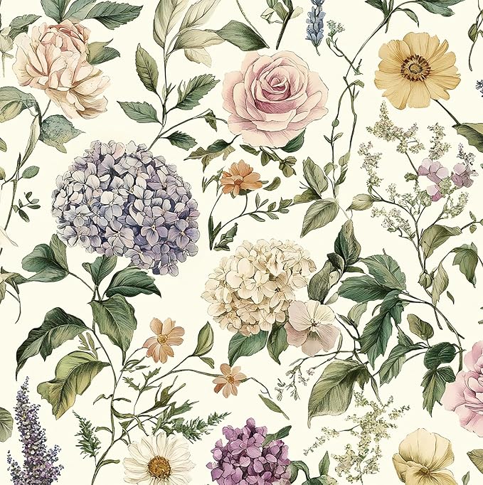 HeloHo Floral Peel and Stick Wallpaper Vintage Floral Contact Paper 17.3"x393.7" Boho Flower Botanical Wallpaper Removable Self Adhesive Farmhouse Wall Paper for Cabinets Bathroom Bedroom Vinyl
