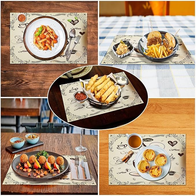Coffee Kitchen Placemats Vintage Rustic Coffee Theme Latte Tea Cup Cappuccino Placemats Table Kitchen Dining Party 12x18 Inch Set of 4