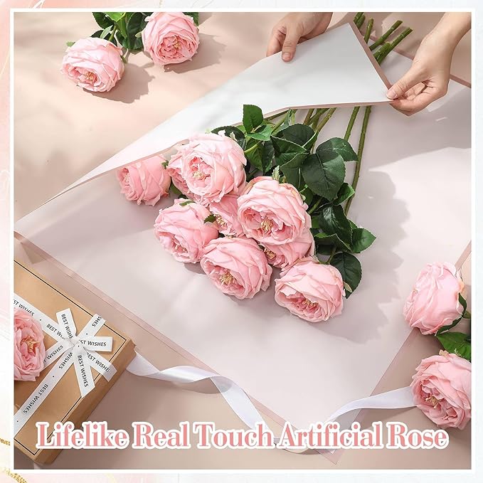 Giegxin 20 Pcs Real Touch Peonies Austin Roses Artificial Flowers, Faux Look Real Long Stems Fake Flower with Big Blooms for Christmas Valentines Wedding Party DIY Arrangement Home Decor(Pink)
