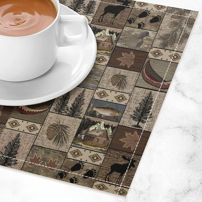 Retro Rustic Bears Deers Lodge Placemats Set of 6, Vintage Cabin Country Farmhouse Style Place Mats, Heat Resistant Non Slip Cotton Linen Dining Table Mats for Home Kitchen Party 18x12 Inch