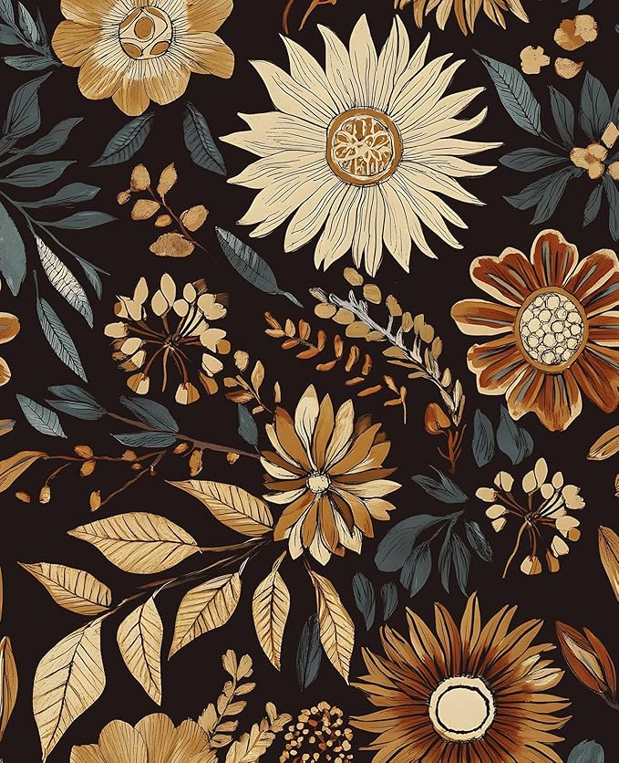 Boho Floral Wallpaper Peel and Stick, Vintage Dark Sunflower Contact Paper for Bathroom Cubicle Drawer, Retro Abstract Removable Antique Flower Wall Paper Art Decor Black Orange 17.5" x 118"