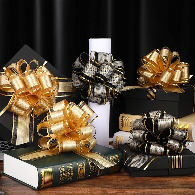 WILLBOND 20 Pieces 6 Inch Pull Bows Gift Wrapping Ribbon Pull Bows for Christmas Wedding Baskets Valentine Multicolor Wrap Accessory for Gift Present Holiday Decor(Black, Gold)