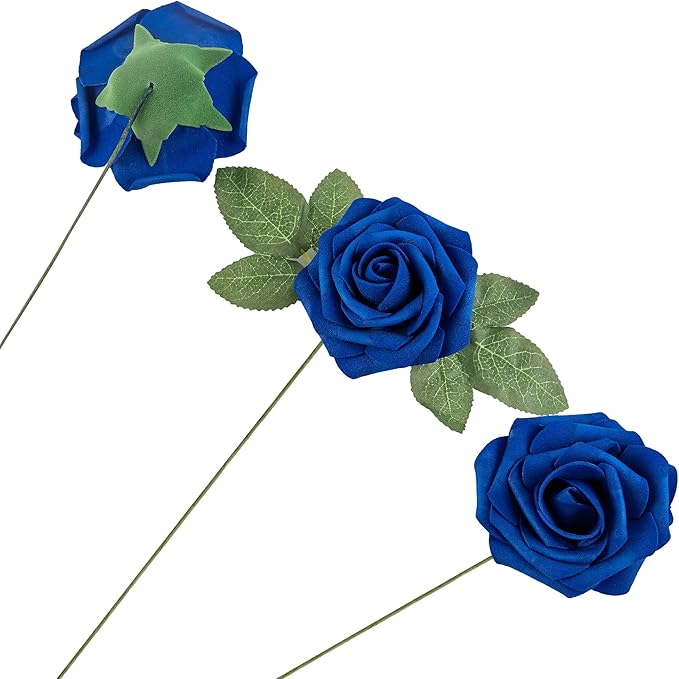 Artificial Flower Foam Rose 25pcs Real Looking Fake Rose with Stems Leaves for Home Decoration Party Garden Centerpieces DIY Wedding Bouquets（Royal Blue）