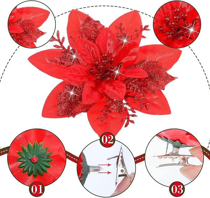 Geosar 24 Christmas Glitter Artificial Poinsettia Flowers Xmas Poinsettia Artificial Wedding Flowers Decorations Xmas Tree Ornaments with Clips for Party Favors, 6 Inch, 4 Inch, 3 Inch (Red)