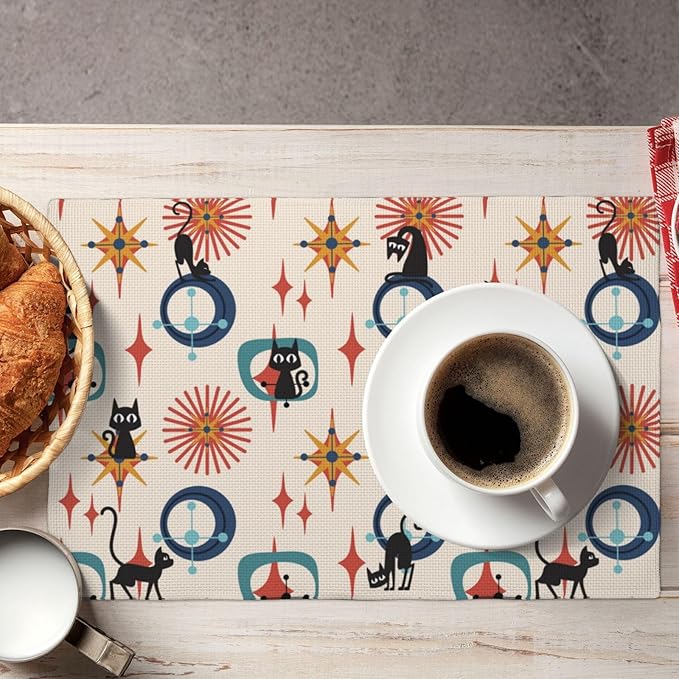Mid Century Black Cat Modern Placemats Set of 6,Kitchen Table Mats for Dining Outdoor Home Decor 12x18 Retro Place Mats 6 PCS, Style-17
