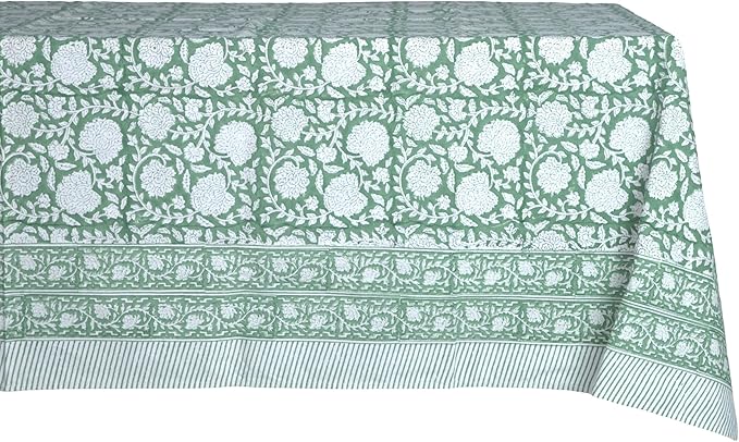 ATOSII Shalimar Green 100% Cotton Spring Summer Tablecloth, Handblock Print Rectangle Table Cover for Dining, Parties, Wedding, Outdoors, Easter Table Cloth I 72 X 140 Inches I 12 Seater
