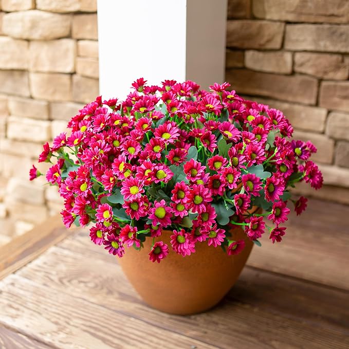 Daisy Artificial Flowers for Outdoors Winter Decoration, 6 Bundles Fake Mums Dark Red Silk Flowers for Outside Look Real UV Resistant Faux Flowers Plants for Planter Front Door Home Indoor Porch