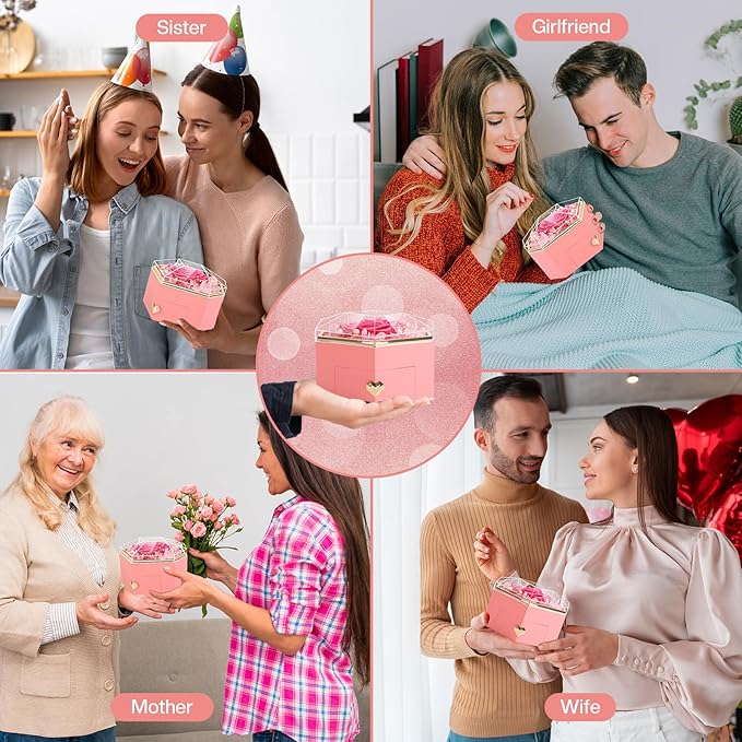 Preserved Pink Real Rose with Necklace Forever Flowers Diamond shaped Box for Mom Wife Girlfriend Grandma on Mothers Day Birthday Valentines Christmas Anniversary Beatiful Gifts for women