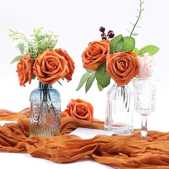Meldel Artificial Flowers 25pcs Real Looking Burnt Orange Foam Fake Roses with Stems for DIY Wedding Bouquets Bridal Shower Centerpieces Floral Arrangements Home Decorations
