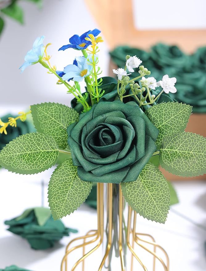 50pcs Artificial Flower，Real Touch Foam Roses w/Stem DIY for Wedding Bouquet Centerpieces Party Shower Home Decor-Green boxpack