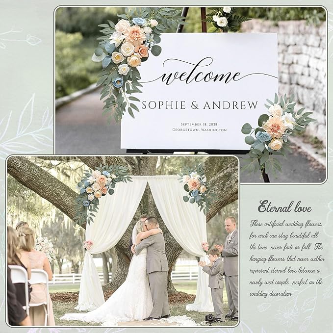 Faux Flower Swag Set of 2, Champagne Blue Artificial Flowers Swags for Wedding Arch, Wedding Welcome Signs, Welcome Reception Ceremony Signs Decorations