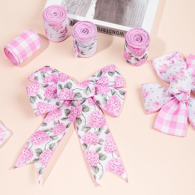 4 Rolls Pink Floral Wired Ribbon Set - 2.5 Inch Wide, 20 Yards Total – Rose Patterned Pink and White Vintage Satin Ribbon for Crafts, Spring, and Floral Decor, Mother's Day Gift for her