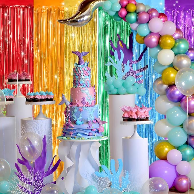 Keyali 2 Pack 3.3 * 8.3 ft Foil Curtain Metallic Tinsel Fringe Curtains Photo Booth Props Backdrop for Birthday Wedding Engagement Baby Shower Christmas Holiday Celebration Party，Rainbow