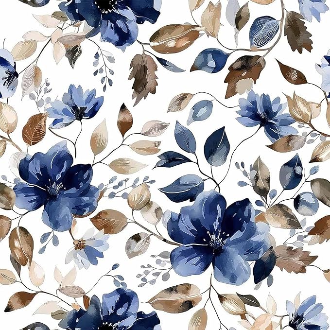 Blue Floral Peel and Stick Wallpaper Modern Contact Paper Waterproof Botanical Flower Removable Self Adhesive Wallpaper for Bathroom Bedroom Living Room Cabinets 17.7"x70.7"