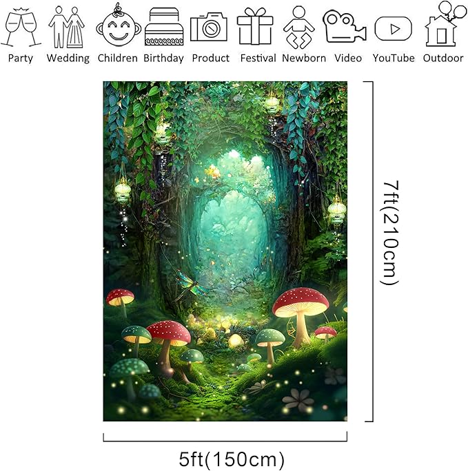 Riyidecor Fairy Backdrop Polyester Fabric Green Fantasy Enchanted Wonderland Woodland Princess Mushroom Dreamland Plant Trees 5W*7H Feet Pretty Photography Background Birthday Photo Studio Shoot