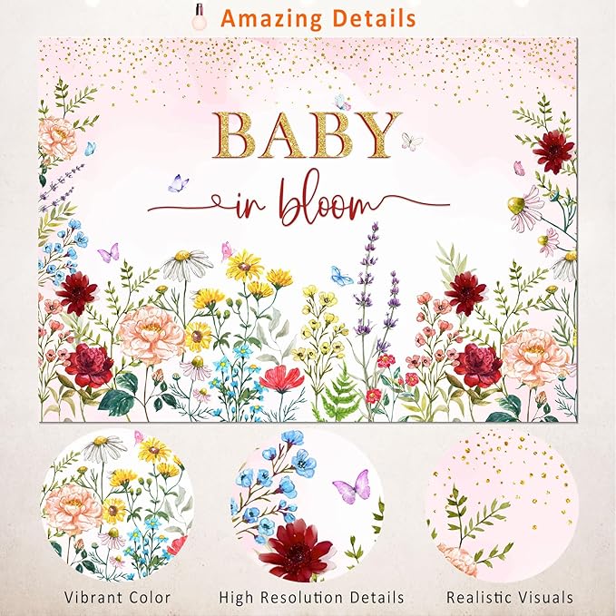 Wildflower Baby in Bloom Baby Shower Backdrop Party Decorations for Girl,Watercolor Pink Floral Wild Flowers Theme Baby in Bloom Baby Shower Banner Backdrops Background Photo Booth Props 7x5ft