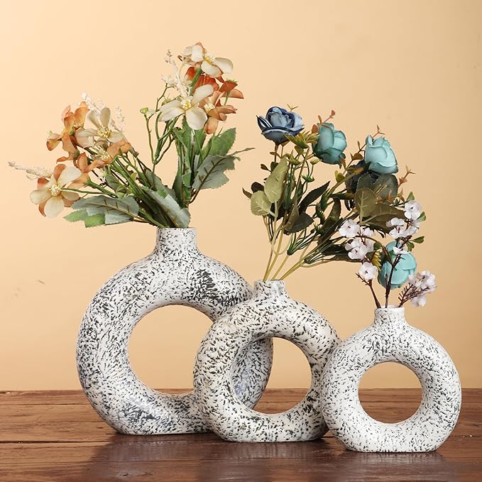 Ajuny Donut Vase Set of 3 – White & Grey Ceramic Hollow Vases for Pampas Grass, Modern Boho Home Decor, Table Centerpiece, Wedding, Living Room, Office, Bedroom (8", 6", 4")