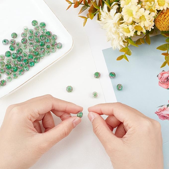 PH PandaHall 70pcs 6~8mm Green Flower Lampwork Glass Beads Rose Glass Beads Gold Sand Lampwork Bead 2mm Hole Handmade Round Loose Bead for Rosary Jewelry Craft Making