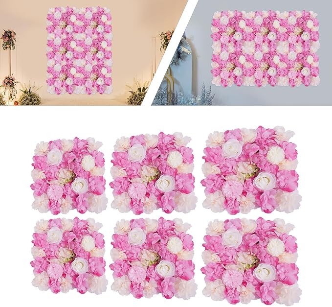 JJIESHENG Flower Wall Panels 3D Flower Wall Backdrop, 6Pcs Artificial Flower Wall Panel Silk Rose Floral Decorative Faux Flower Wall Background for Wedding Home Decoration (White, Pink, 15 * 15in)