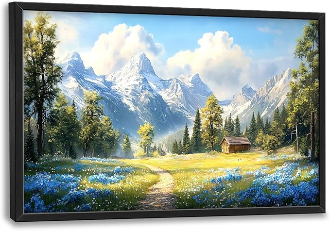 Mountain Large Wall Art Framed Wall Decor for Living Room, Countryside Wildflowers Pictures Oversized Canvas Print Painting Modern Extra Large Framed Artwork for Bedroom Office Home Decor 36"x24"