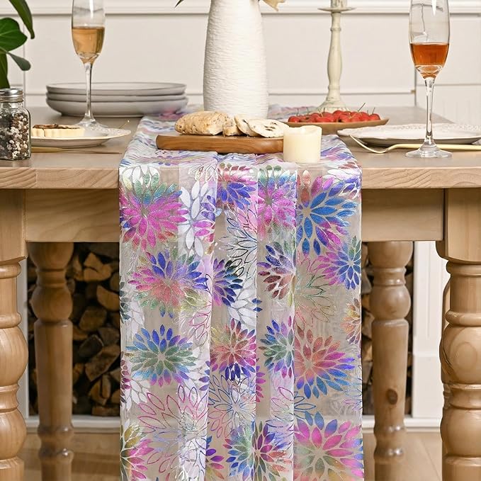 Artoid Mode Multicolor Gold Dahlia Flower Gauze Table Runner 120 Inch 10FT, Glitter Metallic Foil Sheer Cheesecloth Dining Holiday Table Decor for Home Party